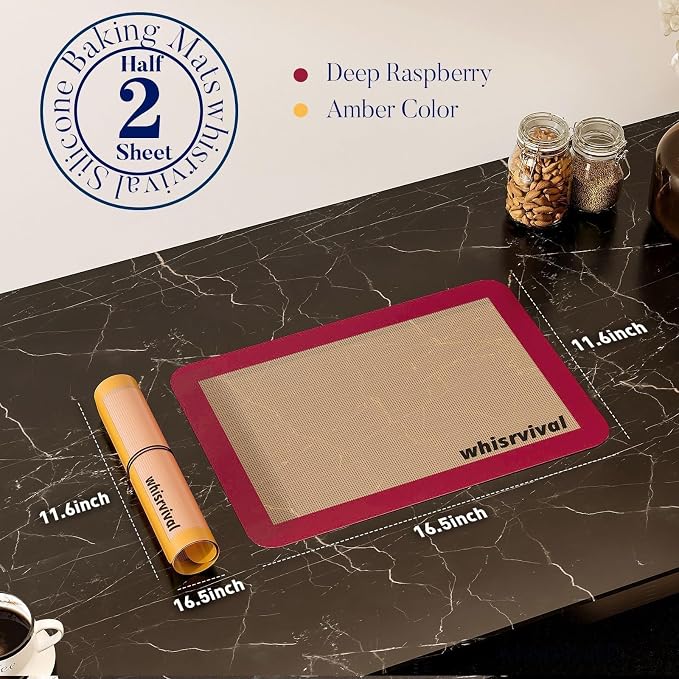 Silicone Baking Mat, 2 colors Half Sheet(16.5"x11.6") Non-Stick Baking Mat, Food Safe Silicone Mats for Baking Cookies, Macarons, Vegetables, 480℉ Heat Resistant (Deep Raspberry & Amber)