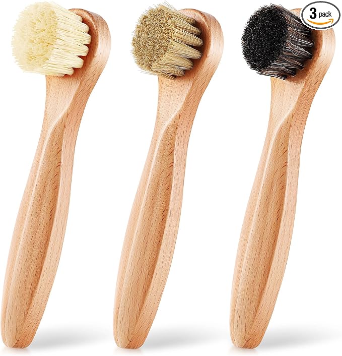 3 Pcs Wooden Laundry Stain Brush Stain Remover Dauber Brushes with Round Head Boar Bristle Small Stain Brush for Clothes for Scrubbing Stains from Furniture Fabric Leather(Style A)