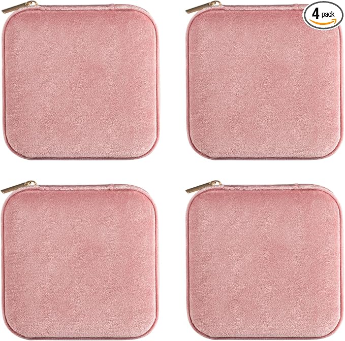 ZPROW Plush Velvet Travel Jewelry Case, Travel Jewelry Organizer, Jewelry Travel Case, Travel Jewelry Box, Small Jewelry Case, Jewelry Travel Box, Earring Organizer with Mirror - Pink 4packs