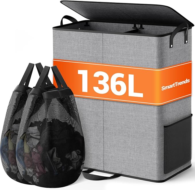 136L 2 Section Laundry Hamper with Lid, Laundry Basket, Gray | Large Laundry Hampers with Reinforced Handles & Removable Bags, Tall Dirty Clothes Hamper for Laundry Room, Bedroom, Bathroom