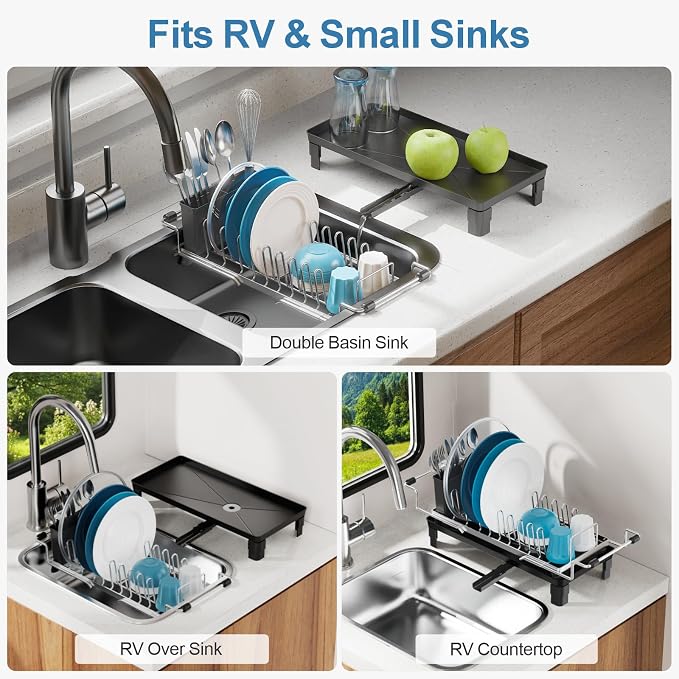 GSlife Small Dish Drying Rack for Counter - Expandable Drainer, Silver | Dual-Screw Locks, Expandable Fit Support with Cup Holders, Steel Drainer, Measured Sink Fit, Daily Kitchen Use and Cleanup
