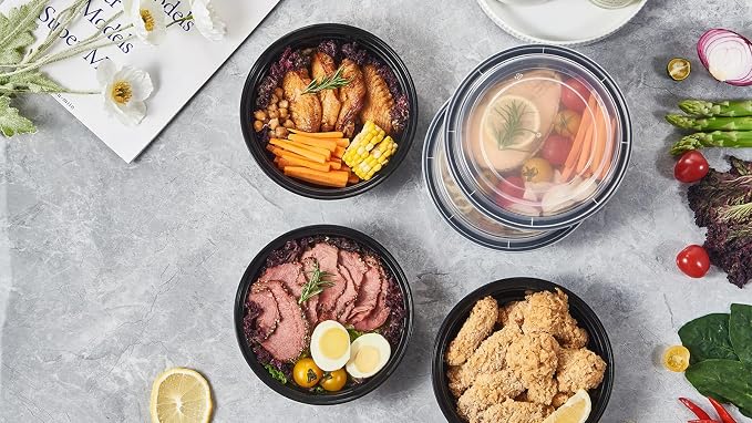 Jaluxing 24 oz 150 ct Round Meal Prep Food Storage Containers with Lids To Go Plastic Lunch Plan Box Disposable Take Out Bowls Black BPA Free Durable Stackable Microwave Freezer Safe (Formerly FULING)