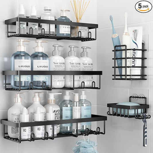 Liuoud Shower Caddy 5 Pack XL-Size Adhesive Stainless Steel Organizer | XL Capacity, With Strong Adhesive, Rustproof, No Drilling Wall Mount Shelvs For Daily Bathroom Organization Decor Set, Black