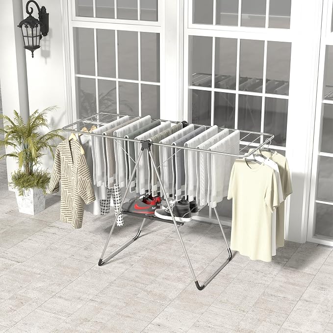 Tangkula 2-Level Collapsible Clothes Drying Rack w/Height-Adjustable Wings | Light-Weight Aluminum | Bottom Shoe Rack | No Assembly | Foldable & Space-Saving| for Laundry Room, Balcony, Patio | Silver