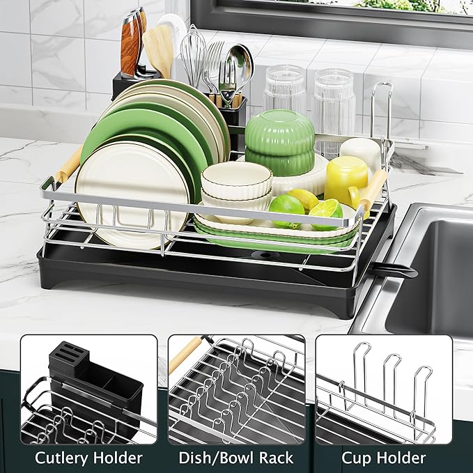 Epicano Dish Drying Rack for Kitchen Counter,Large Capacity,Silver | Raised Feet,Rustproof,Wooden Handle,Auto-Drainage System,Cup Holder & Knife Slots, Sink Storage Organizer