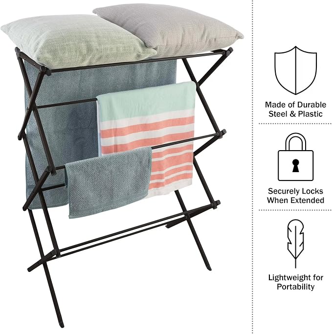 Collapsible Drying Rack for Laundry, Indoor Outdoor Clothes Drying Rack Foldable with Steel Frame, 27”x13.5” Large Capacity Energy Saving, Small Space Apartment Dorm Essentials, Black