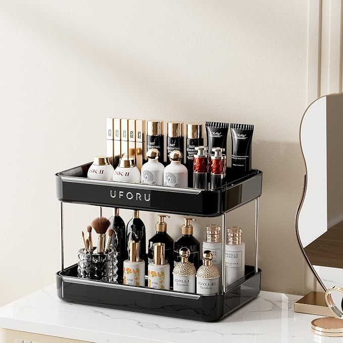 UFORU Countertop Coffee Station Organizer,Cup Rack,Mug & Wine Glass Holder | 2-Tier Black Mug Shelf with Removable Drain Tray,Bathroom Countertop Organizer,Spice Rack for Kitchen