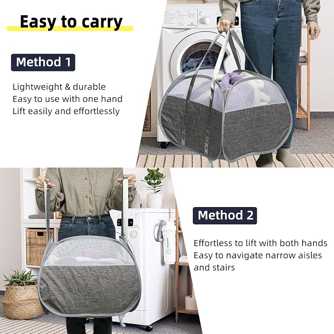 Collapsible Laundry Basket, 90L Tear Proof Mesh Pop-up Hamper 2PCS | Foldable Storage Clothes Bag with Reinforced Handles for Laundry, Bathroom, Dorm, Travel, Camping, Space-saving, Gray