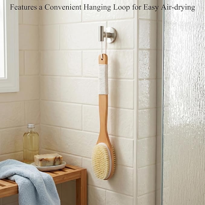 MtBoi Dual-Sided Back Scrubber - Long Bamboo Handle Shower Brush with Anti-Slip Grip, Stiff Natural Boar Bristles for Deep Exfoliation & Soft Nylon Bristles for Gentle Care, Wet/Dry Brushing