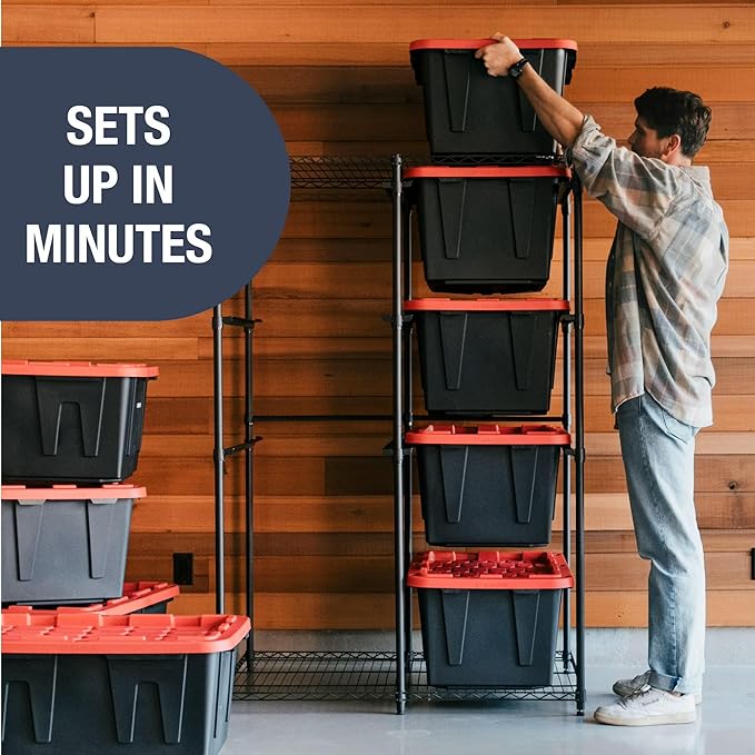 CleverMade Double Tote Tower, 10-Bin Rack for 27-Gallon Totes, Black | Individual rails let 10 totes slide out without unstacking. Powder-coated steel supports 50 lb per shelf and 500 lb total.