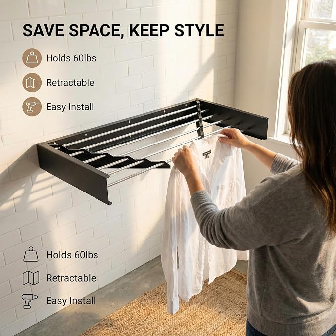 HILLHOUSE Wall Mounted Drying Rack 40 Inch Foldable, Heavy Duty 60 lb Capacity Clothes Airer with Wall Template, Collapsible Space Saver for Bathroom Laundry, 6 Aluminum Alloy Tubes, Black