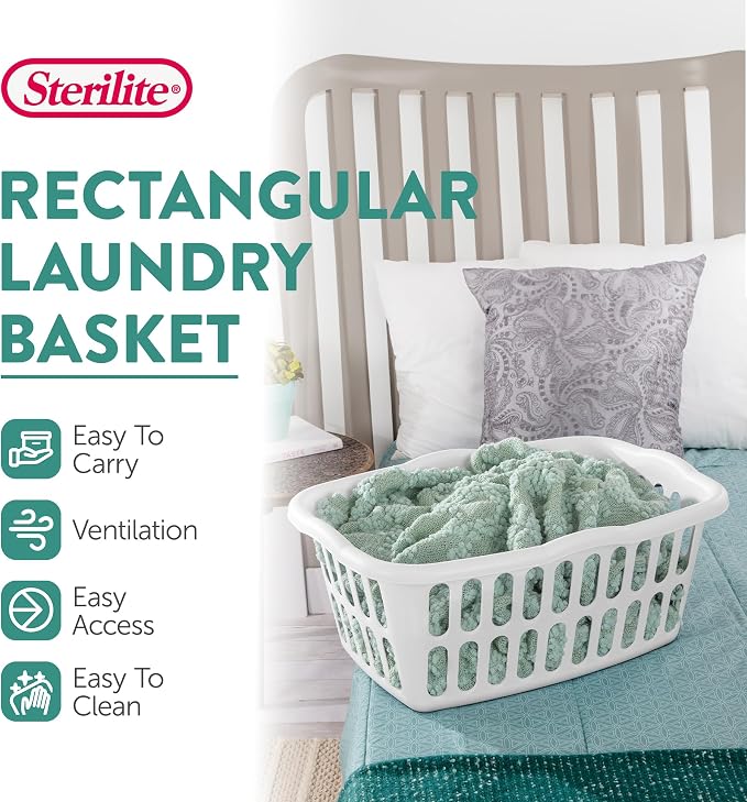 Sterilite Rectangular Laundry Basket, Plastic Clothes Hamper, 24-Pack | 1.5 Bushel, White - Dirty Clothing Storage Organizer with Handles for Bedroom, Bathroom, and Closet