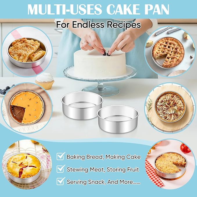 TeamFar 6 Inch Cake Pan, 6 Pcs Cake Pan Set Round Baking Pan Stainless Steel for Baking Steaming Serving, Fit in Oven Pressure Cooker Air Fryer, Healthy & Heavy Duty, Easy Clean & Dishwasher Safe