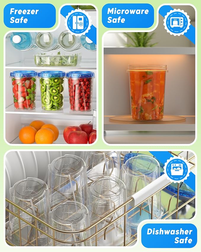 BiuLeon 12 Pack-33oz Freezer Storage Containers, Plastic Food Storage Containers with Twist Top Lids, BPA Free and Reusable Soup Containers with Lid, Microwave and Dishwasher Safe