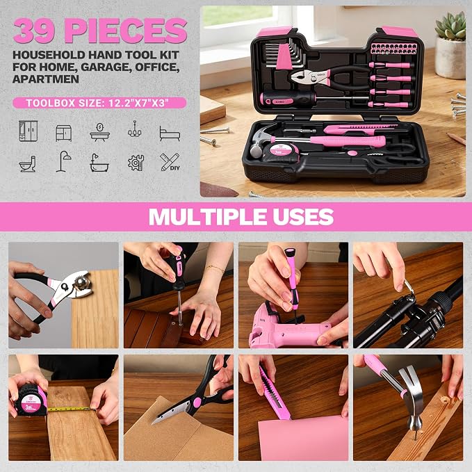 DEKOPRO 39-Piece Pink Household Tool Kit for Women, Basic Hand Tool Set with Plastic Toolbox Storage Case, Small Starter Tool Box Set for Home Repairs, DIY Projects, Crafts and Dorm Essentials