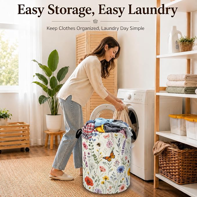 Wildflower Butterfly Collapsible Laundry Hamper for Bedroom, Freestanding Oxford Clothes Basket, Large Foldable Storage Bin with Easy-Carry Handles for Bathroom Dorm Laundry Room