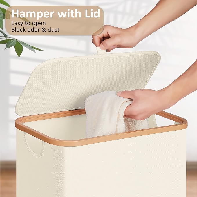 Vincona Slim Laundry Basket with Lid, Narrow Dirty Clothes Hampers for Laundry with Handle, Skinny Laundry Bin for Laundry Room, Dorm, Bedroom and Bathroom, 19.8 Gallon (75L) Beige