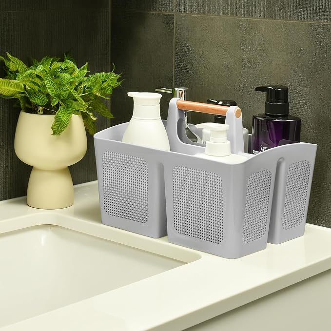 ALINK Portable Shower Caddy Basket with Compartments, Plastic Divided Cleaning Caddy Organizer Storage Tote with Handle for Bathroom, College, Dorm Room Essentials, Light Gray