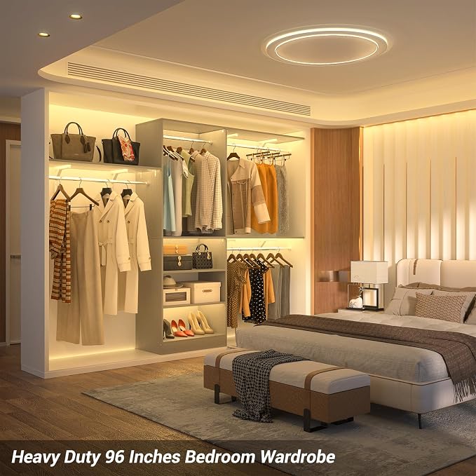 8FT Closet System with 3 Wooden Storage Shelves, 96'' Closet Organizer System with 3 Hanging Rods, Wall Mount Bedroom Wardrobe Walk-in Closet, Adjustable Garment Rack from 5 to 8FT (Cut to Fit), Grey