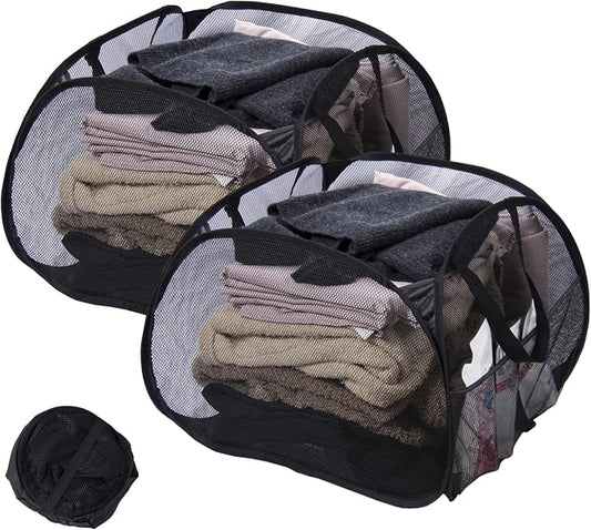 Collapsible Laundry Basket, 90L Mesh Pop-up Hamper with Handles | Foldable Storage Clothes Bag for Laundry, Bathroom, Dorm, Travel, Camping, Space-saving, Black, 2PCS