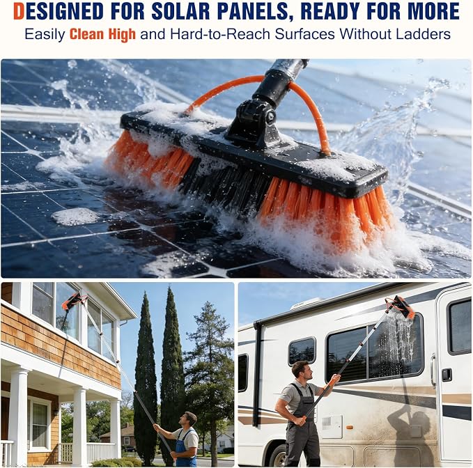 Up to 24FT Reach Water Fed Pole Window Cleaning Kit, 18FT Telescopic Extension Pole with 180° Rotating Brush & Built-in Soap Dispenser for Solar Panels, Windows, RVs, Gutters & Exterior Walls