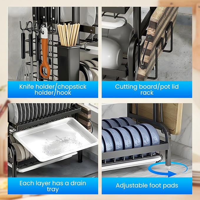 Dish Drainers for Kitchen Counter, 3 Tier Large Dish Drying Rack with Drainboard & Utensil Holders Carbon Steel Dishes Drying Rack for Kitchen Counter Storage