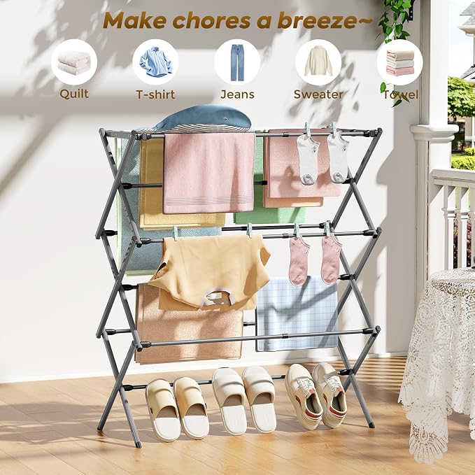 KINGBOARD 3-Tier Extendable Clothes Drying Rack, Small & Foldable, Grey | 37.4"H x 33.8"W x 11.2"D, Space-Saving Collapsible, Easy Assembly, Rust-Resistant Iron Frame, Indoor Outdoor Use, 25lb