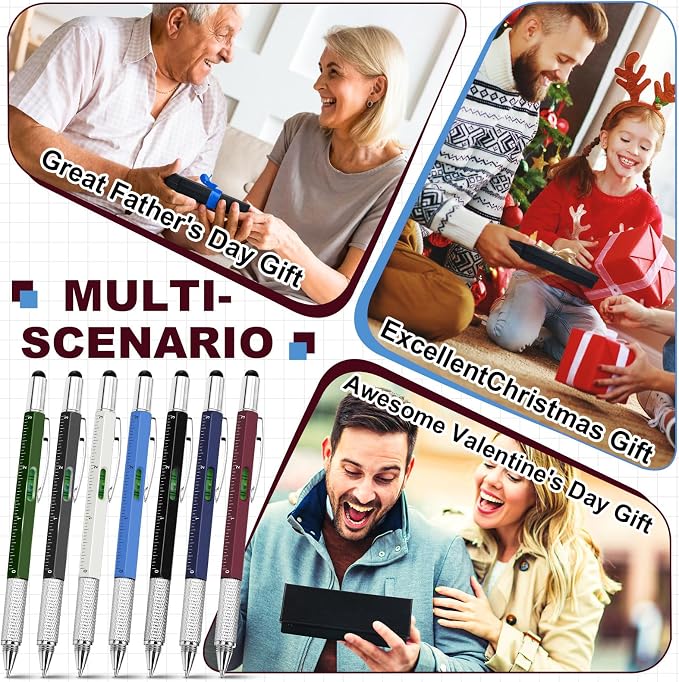 Zhanmai 16 Pcs 6 in 1 Multitool Pen Bulk Gift for Men Multi Tool Ballpoint Pen with Ruler Level Screwdriver Stylus Cool 40 Ink Refill Tool Gadget Birthday Christmas Stocking Stuffers (Multiple Colors)