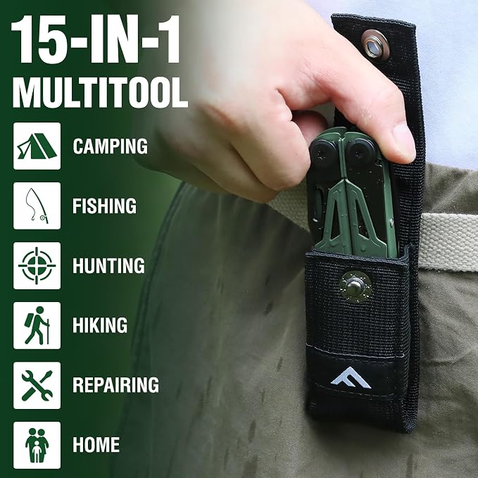 FLISSA 15-in-1 Multitool Pliers Stainless Steel EDC for Men | Pocket Knife with Sheath, Saw and Screwdrivers. Nylon Carry Case. Camping, Fishing, Gift， Survival