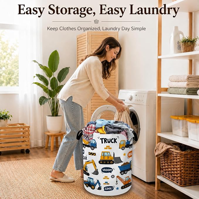 Construction Truck Large Laundry Hamper, Collapsible Oxford Clothes Basket with Handles, Freestanding Dirty Clothes Organizer for Bedroom Bathroom Dorm Laundry Room, 16 x 20.8 Inch