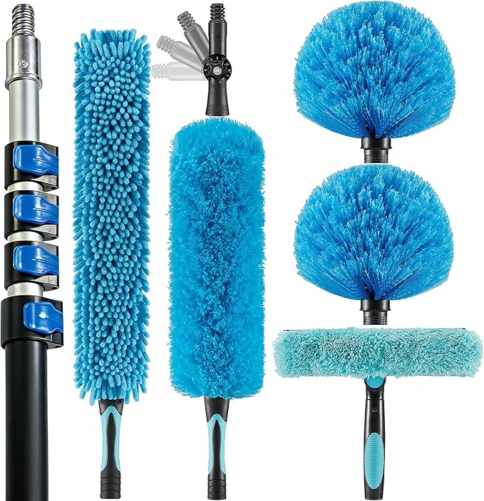 25 Foot High Ceiling Fan, Cobweb Duster with 6-18ft Extension Pole | Extendable, Reusable Feather, Window Cleaning Squeegee Kit