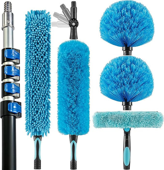 25 Foot High Ceiling Fan, Cobweb Duster with 6-18ft Extension Pole | Extendable, Reusable Feather, Window Cleaning Squeegee Kit