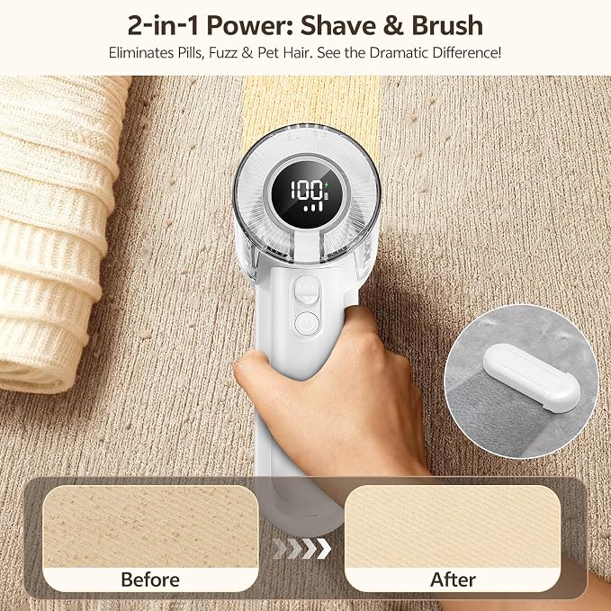 Rechargeable Fabric Shaver, 2-in-1 Lint Remover with 6-Blade | For sweaters, blankets, coats and cloth upholstery, with 200ml container, LED display, USB-C charging and 3 speeds