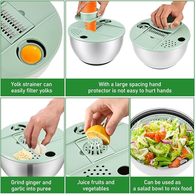 3 in 1 Stainless Steel Salad Spinner, 4.2 QT Large Vegetable Dryer Lettuce Spinner with 5 Blade Slicer Non Slip Base, for Kitchen Salad Vegetables