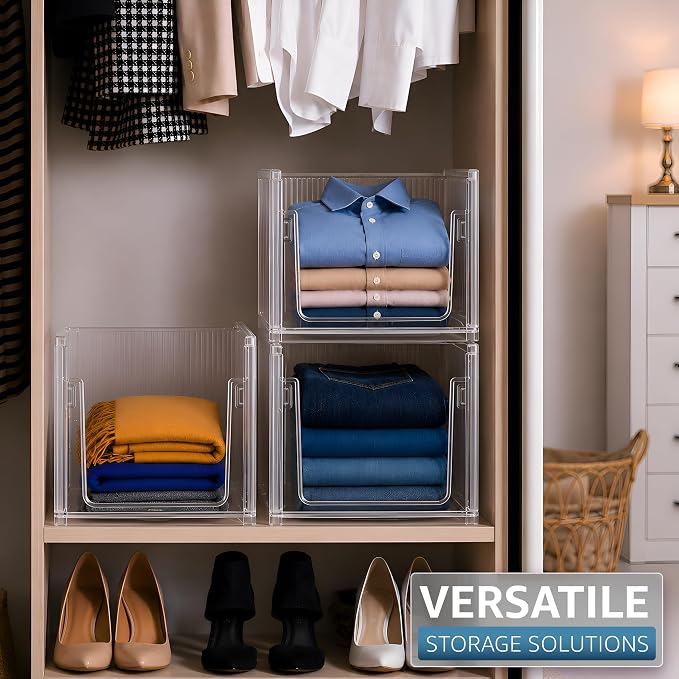 Sorbus Stackable Storage Bins 2 Pack – Extra Large Clear Closet Organizers and Storage, Foldable Shelf Organizer Baskets for Clothes, Towels, Garage Shelving