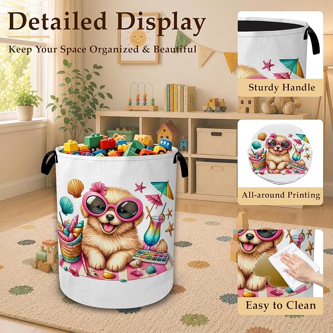 Beach Puppy Summer Vacation Collapsible Laundry Hamper for Bedroom, Freestanding Oxford Clothes Basket, Large Foldable Storage Bin with Easy-Carry Handles for Bathroom Dorm Laundry Room
