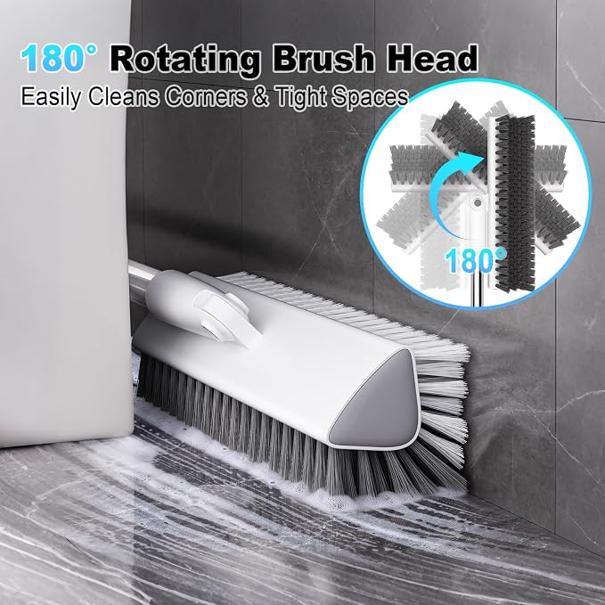 Floor Scrub Brush with Long Handle, Heavy-Duty Stiff Bristles, V-Shape Floor Scrubber Brush for Tile, Concrete & Grout Lines, Stand-Up Cleaning for Garage, Bathroom, Deck & Patio