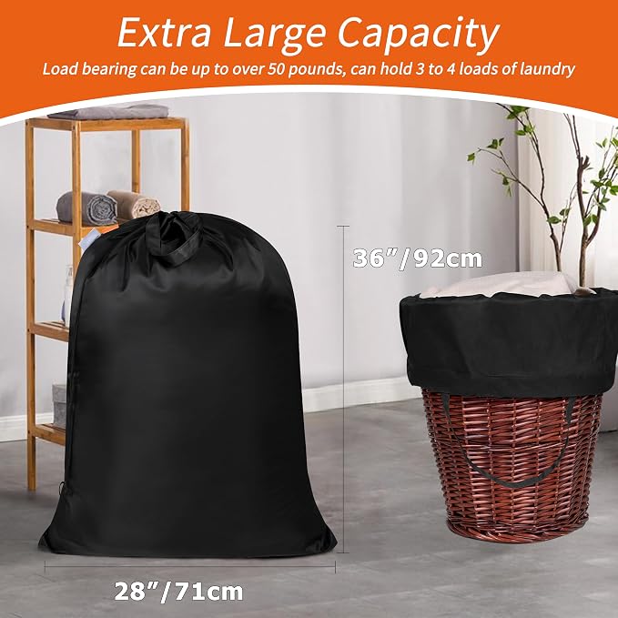 2 Pack Extra Heavy-Duty Laundry Bag with Handles, Black, 28x36" | Extra Large, Name ID Tag, Machine Washable, Reinforced Handles, Drawstring Closure, For College Dorm Travel