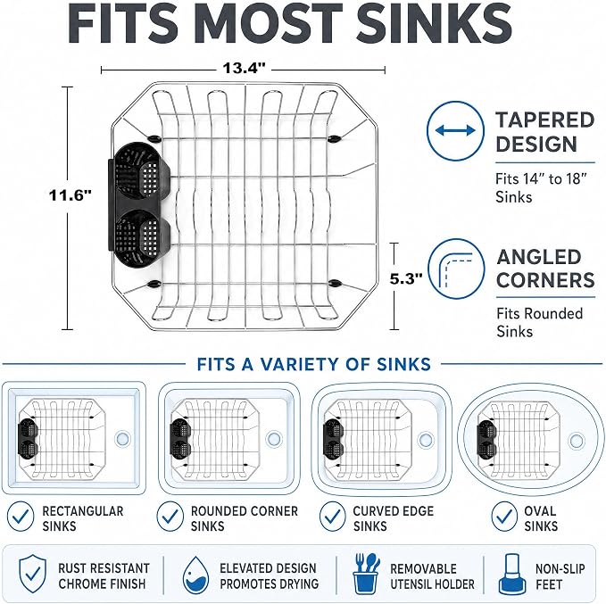 Small In Sink Dish Drying Rack, Stainless Steel Compact Dish Drainer with Removable Utensil Holder & 8 Cup Hooks, Rust-Resistant Rack for RV, Camper, Apartment & Small Kitchen, 11.6"W x 13.4"L, Silver