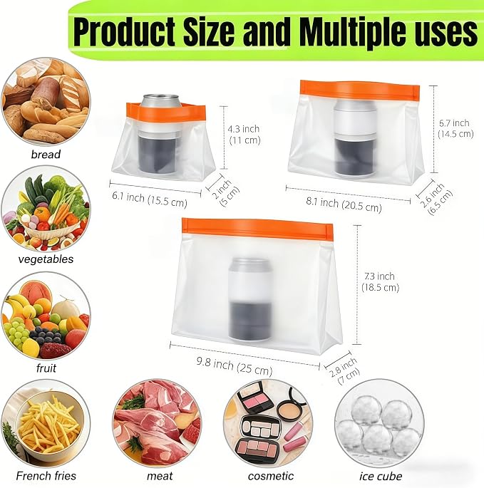 PABCK 9Pcs Reusable Silicone Produce Freezer Bags Self Seal Orange 3S+3M+3L | Stand Up Freezer Food Storage Bags Leakproof Resealable Bag for Sandwich Smell Proof Fridge Organization for Lunch Travel