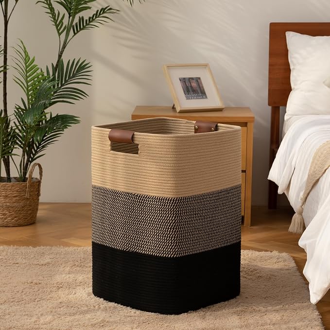Laundry Hamper 96L Extra Large Laundry Basket, Woven Blanket Basket | Cotton Woven Storage Hamper with Handles for Living Room, Large Baskets for Pillows, Blankets, Clothes-Black & Yellow