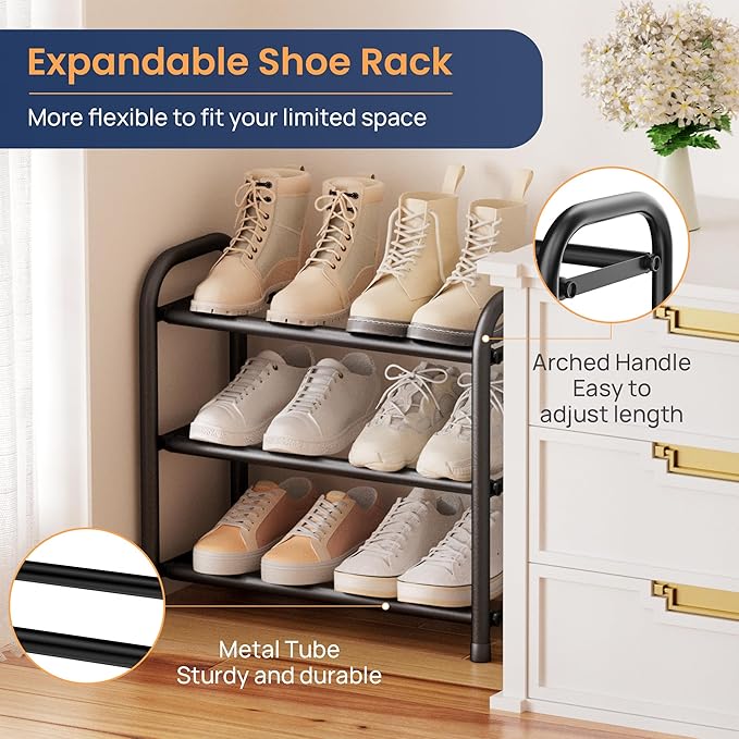 ENJOYBASICS 3 Tier Expandable Shoe Rack for Closet, Free Standing Metal Shoe Shelf Storage Organizer Holder 12 Pairs, Adjustable Width Shoe Rack for Entryway Small Space, Black