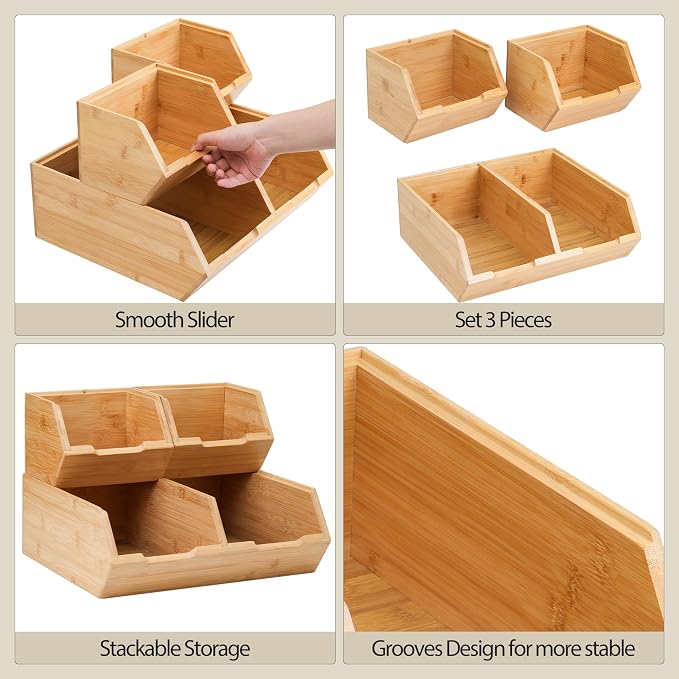 3 Pack Stackable Bamboo Pantry Storage Bins,Potato Onion Storage Bins | Fruit Food Storage Organizer ﻿ - Pantry Organizers for Kitchen Countertop, Food Storage Containers for Fruits Vegetables
