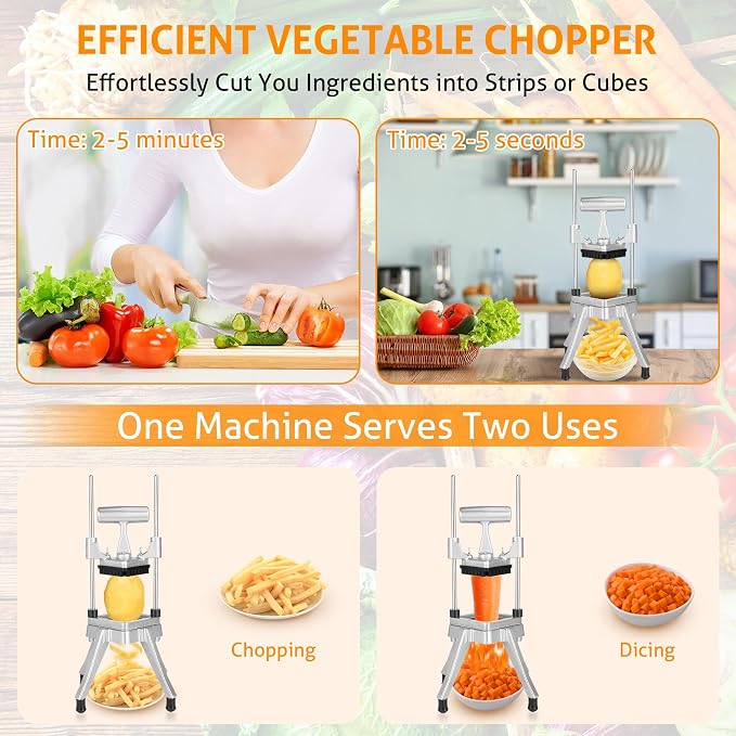WICHEMI Commercial Vegetable Fruit Chopper Food Dicer French Fry Cutter | Stainless Steel 1/4" Blade, Heavy Duty, High Efficiency, Detachable, Easy Clean, Cuts Onions, Tomatoes, Potatoes, Peppers.