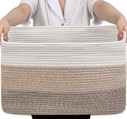 Optish 75L Large Blanket Basket, Woven Storage Baskets with Reinforced Handles, Rope Laundry Basket for Living Room, Bedroom, Nursery, Toys, Clothes, Pillows, 22” x 17” x 11.5”, White & Brown