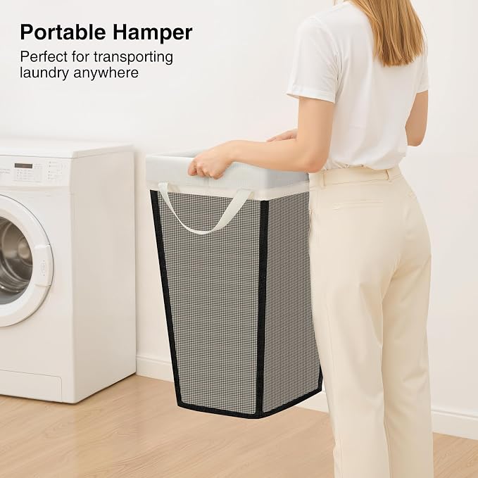 STO STO 75L Laundry Hamper, Space Saving Freestanding Clothes Basket with Iron Frame, Dirty Clothes Storage Bin with Removable Washable Liner for Bedroom, Bathroom, Dorm, Closet, Apartment, Beige