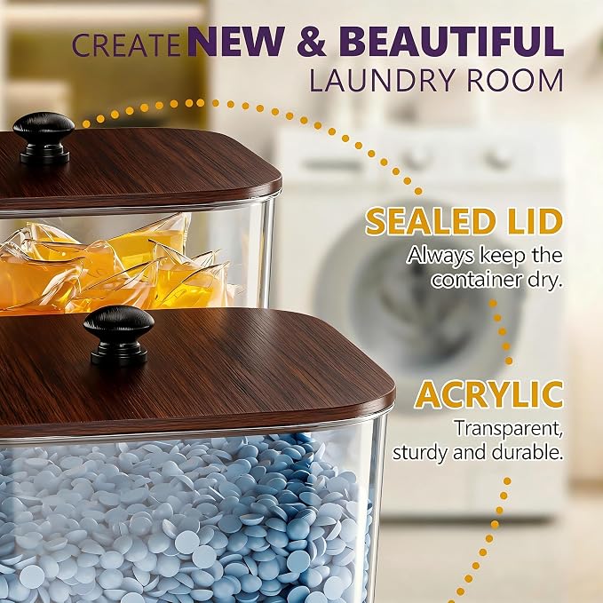 3+1 Pack Brown Laundry Pods Container, Clear Laundry Room Organization Containers Essentials, Large Detergent Powder Storage Containers Wooden Lids & Labels Signs