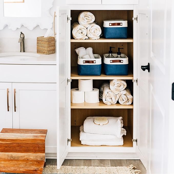 OrganiHaus Small Fabric Storage Baskets 6 Pack, 12x8in Cloth Storage Bins for Shelves, Small Baskets for Organizing Bathroom Pantry Closet, Canvas Shelf Baskets, Navy Blue/Off-White
