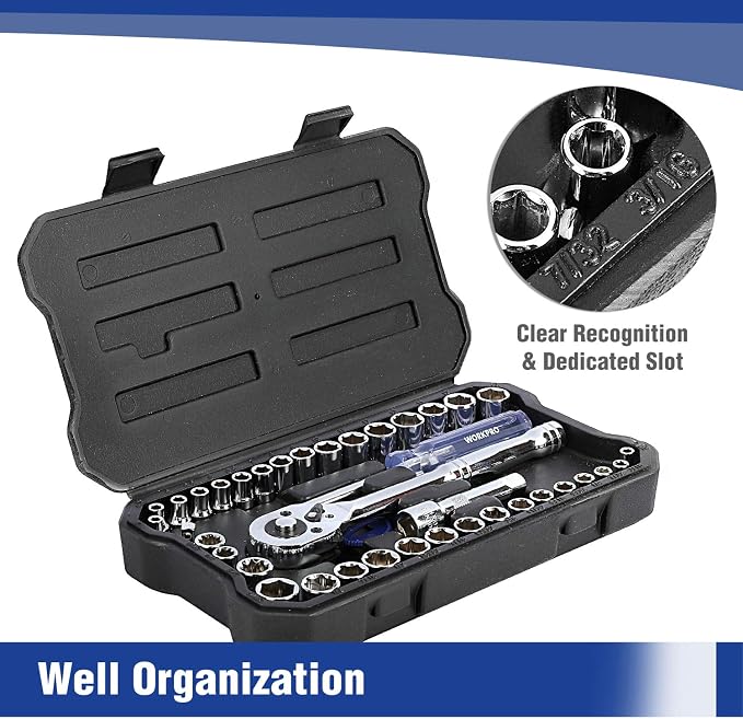 WORKPRO 39-Piece Drive CR-V Socket Set(1/4" & 3/8") | Metric & SAE, Quick-Release Ratchet Wrench, Extension Bar, Spinner Handle & Adapter, Compact, Automotive Repair