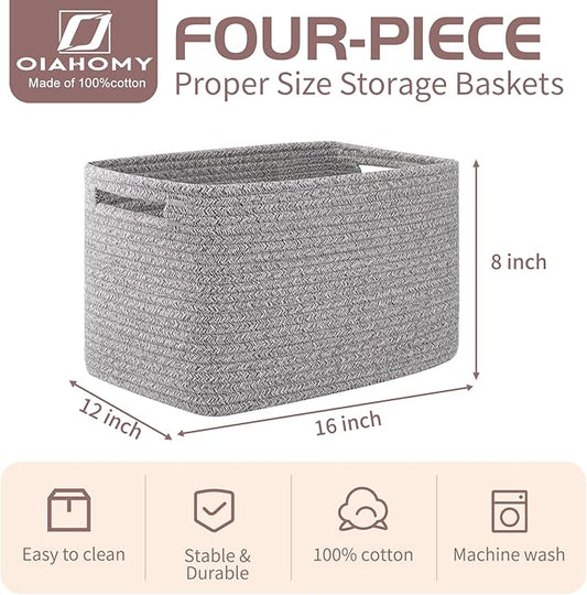 OIAHOMY 4 Pack Storage Baskets for Organizing, Cube Storage Bins for Shelves, Rectangle Storage Baskets With Handles, Woven Baskets for Storage, 16''Lx12''Wx8''H, Grey
